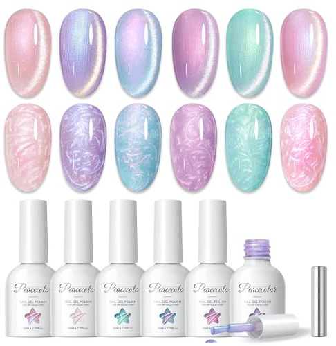 PEACECOLOR Cat Eye Gel Nail Polish,6 Colours Pearl Gel Nail Polish Set 10ML | Purple Pink Rose Blue Cateye Gel Polish Magnetic Mermaid Swirl Shell Gel Polish with Magnet for DIY Manicure for Women