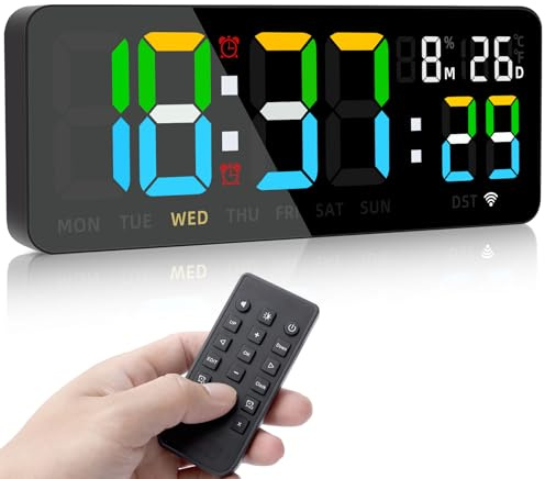 Fuloon WiFi Digitale Wanduhr, Großes Display Funkuhr mit Stoppuhr, Countdown Timer, Fernbedienung, Temperatur & Luftfeuchtigkeit Anzeige -Helligkeit und Lautstärke Einstellbar für Wohnzimmer Küche Fit