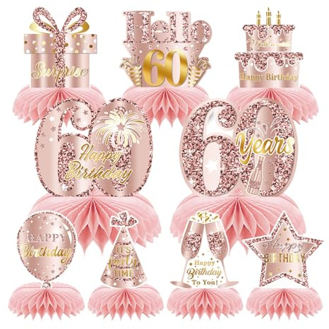 Goiern 9 Pièces Rosa Rosegold 60e Anniversaire Décorations de Centre de Table en Papier Alvéolaire pour Filles Joyeux 60e Anniversaire Décorations de Table Accessoires de