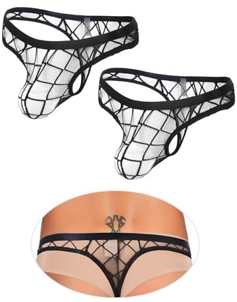 sunshinelady Slip da Uomo Trasparente Mini Perizoma Rete Mutande 2 Pacco Sexy Tanga Taglie Forti Jockstrap Vita Bassa Intimo Sexyhot Lencería Masculina Biancheria Intima Thong Man Underwear Nero XL