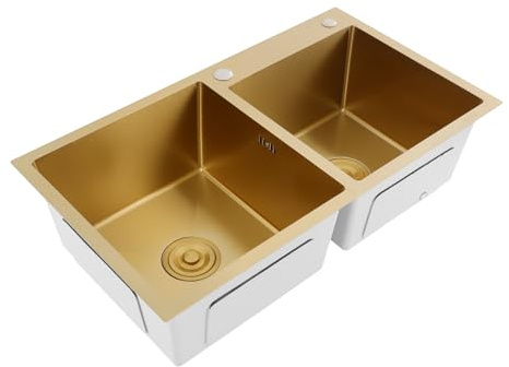 Évier de cuisine double en acier inoxydable - 80 x 50 cm - Avec 2 bacs et siphon - Carré - Avec égouttoir - En acier inoxydable - Doré