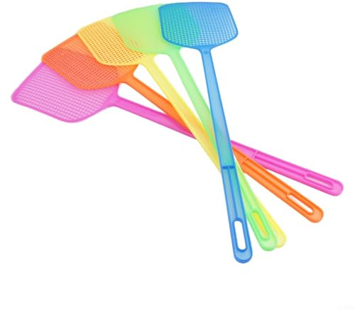 Juego de matamoscas de plástico con mango largo y construcción resistente para matar moscas manual eficiente en interiores, cocina o exteriores, en jardín o camping, paquete de 5 en azul, naranja