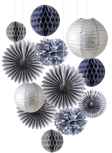 EASY JOY 12 Stück Graue Party Dekorationen Seidenpapier Pompoms | Papierfächer Wabenbälle Laternen Elegante Deko für Geburtstag Hochzeit Babyparty Brautparty Wand Decke
