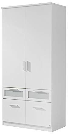 Rauch Möbel Bochum, Kleiderschrank, Farbe Weiß/Milchglas, Breite 91 cm | Schrank, 2-türig, 4 Schubladen mit Milchglasfront, für Schlafzimmer, Kinderzimmer, Homeoffice, Gästezimmer, Garderobe, Flur
