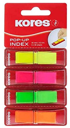 Kores - Sticky Tabs - Film Index Tabs in Dispenser - Revision Supplies, Bible Tabs, Page Markers Tabs, Book Markers, Back to School Accessories - 4 x 40 Coloured Strips