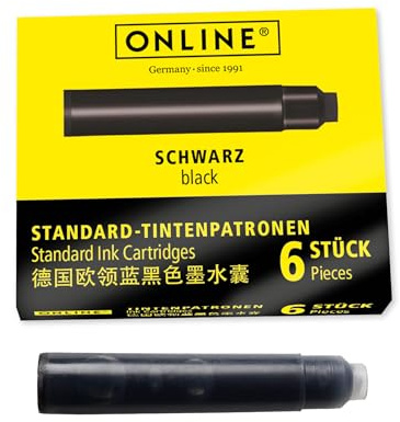 Online Standard Ink cartridges, Compatible with All Common Standard Fountain pens, Replacement cartridges for Fountain pens and rollerballs, 6 Pieces, Colour Black
