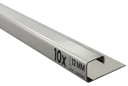 10x Quadrat Edelstahlschiene Fliesenschiene 2,5m 12mm glänzend silber | Für klare Sichtkanten und gerade Abschlüsse im Fliesenbild, für 12mm Fliesenhöhe, 2,5m, Edelstahl, glänzend, silber