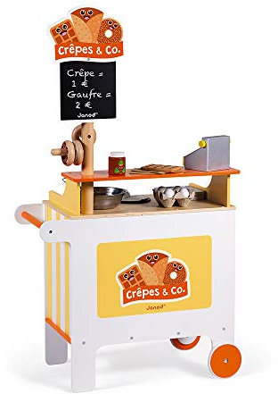 Janod - Crêpes & Co Mobiler Holz-Stand, Spielzeugnachbildung Küche und Einkaufen, mit 40 Zubehörteilen, ab 3 Jahren, J06587