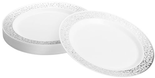 MATANA 20 Platos de Postre Blanco de Plástico con Borde Plateado, 19cm - Elegantes, Resistentes y Reutilizables - Bodas, Cumpleaños, Bautizos, Barbacoas, Navidad, Fiestas