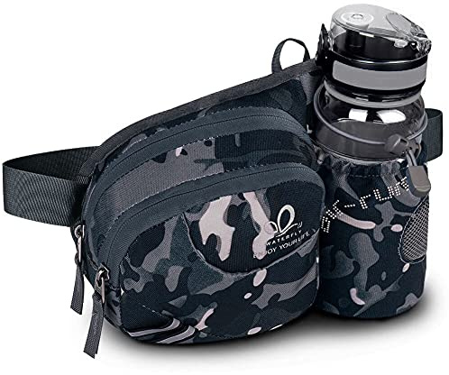 Waterfly Marsupio Trekking con Portaborraccia Marsupio Sportivo Uomo Donna per Escursionismo, Corsa, Ciclismo e Arrampicata (Mimetico nero)