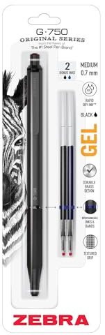 Zebra Pen – STEEL Series Premium Gel Pen – G-750 Retractable, 0.7mm Medium Point Black Ink, Rapid Dry Ink, Comfort Knurled Grip, Black Brass Barrel, Refillable, Japanese Craft Detail, 1-Pack (49811)