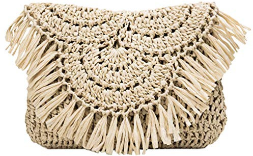 Lurrose Stroh Woven Handtasche Strand Tasche Umhängetasche Quaste Sommer Schulter Tasche Umschlag Geldbörse Brieftasche für Urlaub Am Meer (Beige)