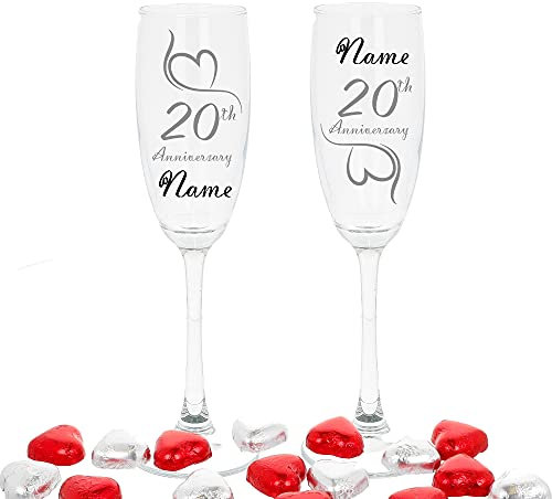 Personalized 20th Wedding Anniversary Set of Engraved Champagne Flutes with Chocolate Hearts