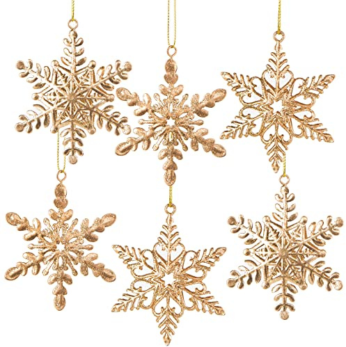 Schneeflocken Anhänger Metall Gold 6 Stück – Weihnachtsanhänger ca. 8 cm mit Glitzer – Elegante Deko zum Aufhängen für Baum, Geschenke & Flaschen – Logbuch-Verlag