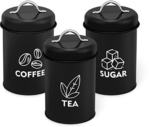 TEAMFAR Vorratsdosen 3er Set, Metall Zuckerdose Kaffeedose Teedose mit Luftdicht Deckel, Kanister für Keks Mehl Müsli, 1,3L, Schwarz