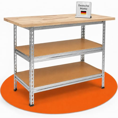 Ondis24 Werkbank Uwe 120cm Metallregal und Werktisch mit höhenverstellbaren Einlegeböden Packtisch verzinkt 92cm Arbeitshöhe mit Buchenarbeitsplatte (Buche)