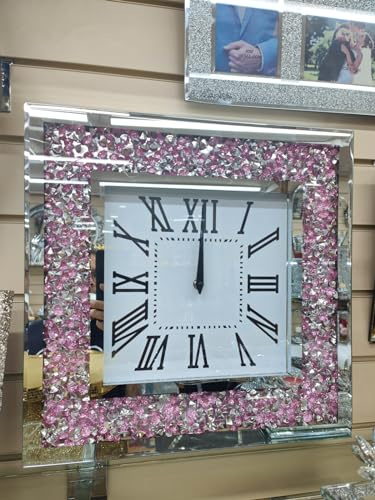 Biznest 40X40Cm Pink Silver Crystal Crushed Diamond Mirror Jewel Roman Wall Clock Loose Diamante Wall Mount