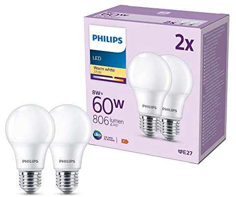 Philips Classic LED Glühbirne, 2er Pack, E27, 8W, 806lm, 2700K, satiniert (929002306282)