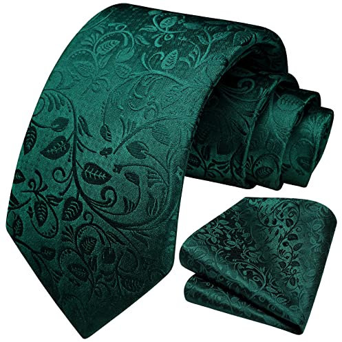 HISDERN Corbatas de Hombre Corbata Verde Paisley y Pañuelo a Juego de Flores Modernas Elegante para Boda Fiesta Business Oficina