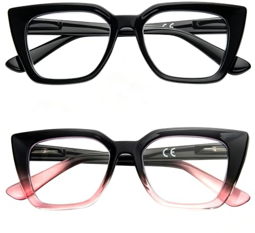 Kodilin 2 Pack Occhiali da lettura donna Oversized Square Anti Luce Blue Computer Lettori Uomo con cerniera a molla (+3.0, nero e nero rosa)