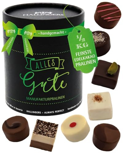 Hallingers Genuss Manufaktur Pralinen Glückwunsch-Geschenk - ohne Alkohol, handmade aus Confiserie-Edelkakao in wertiger XXL-Geschenkdose Alles Gute, Geschenkidee für Frauen Männer