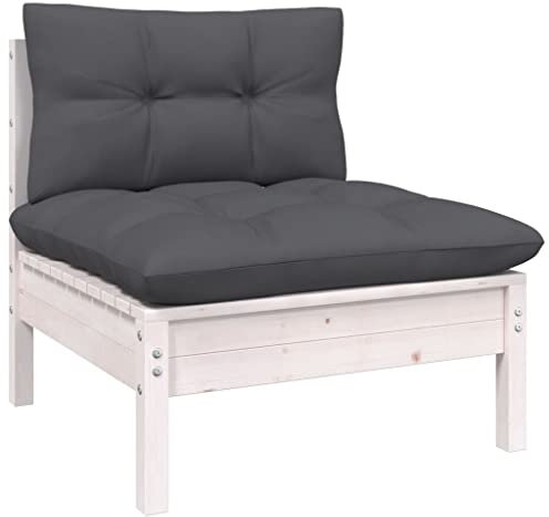 FIRBNUS Garten-Mittelsofa mit Kissen Weiß Massivholz Kiefer Gartenmöbel für Draußen Gartenmöbel Holz Terassenmöbel Außen Balkonsofa Balcony Furniture Loungesofa Outdoor Centre Sofa Middle Sofa