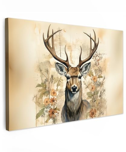 MuchoWow© Bild auf Leinwand Groß XXL Schlafzimmer Bilder Wand Deko - Natur | 120x80 cm - Wohnzimmer Modern Wanddeko Bilderwand Geschenk Vintage - Hirsch - Rothirsch - Blumen - Beige - Tiere