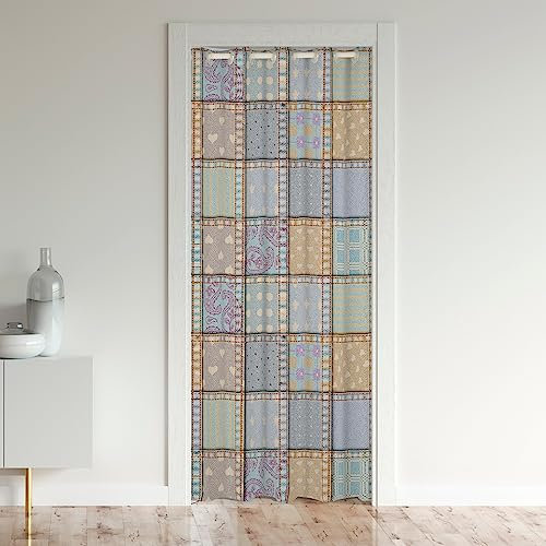 Vintage Plaid Rideau Occultant Rideaux Patchwork of Beige Et Jeans Rideau de Porte 132x203cm Décoration Rideaux Exterieur d'entrée Paisley Heart Grid Modèle Retro Rideaux Interieur Salon Chambre Bleu