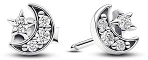 PANDORA Orecchini a bottone Moments a forma di luna in argento Sterling con zirconia cubica trasparente