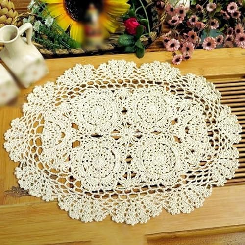 Centrini ovali fatti a mano in puro cotone all'uncinetto vintage in pizzo floreale per la decorazione della casa (bianco)