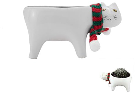 Fayemint Macetas de CeráMica para Suculentas, Macetas Divertidas para Flores, Suculenta Resina Regalo, Forma de Gatito, con Bufanda, para Jardín, Oficina, Dormitorio (Blanco)