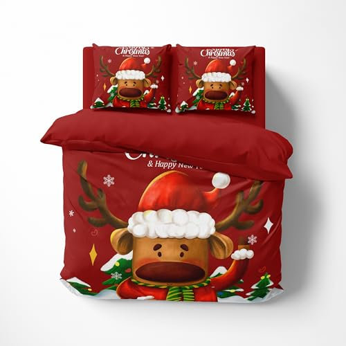 FEBE 3D Bettwäsche Rentier Rudolph Weihnachten Bettbezug-Set 135x200 + Kissenbezug 80x80 cm Wendebettwäsche 2 Teilig mit Reißverschluss Mikrofaser Winterbettwäsche Duvet Cover