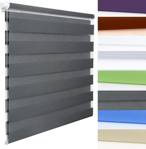 Store Enrouleur Jour Nuit sans Perçage 60 x 90 cm Occultant et Isolant Stores Zébrés de Protection Solaire Kit de Montage Inclus pour Fenêtre et Porte, Gris Foncé