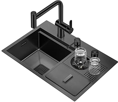 Küchenspüle, Spüle mit Mülleimer, Bartheke, Glaswaschbecken, Edelstahl, schwarze Nano-Einzelspüle, Tischsteuerung, Abfluss