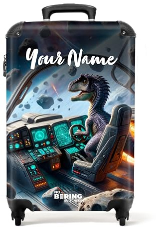 NoBoringSuitcases.com Kinderkoffer Personalisiert, Jungenkoffer, TSA-Koffer, Kindertrolley, Handgepäck 55x40x20 cm (Dino, Raumschiff - Blau)