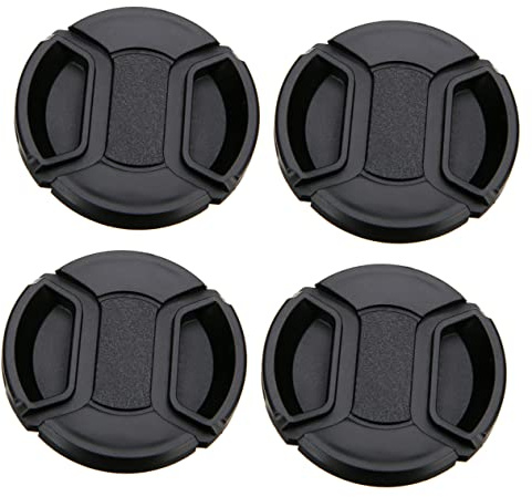 4 Stück Objektivabdeckung 55mm Kunststoff mit Mittelklemmung | Schwarz, mit Ringhaken, Schnell Abnehmbar und Montierbar, für Kameraobjektiv