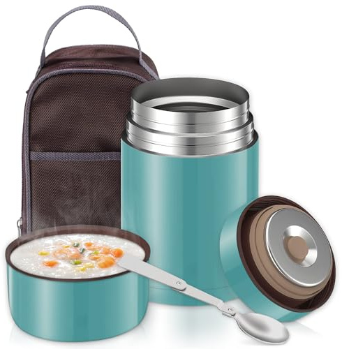 Boîtes Alimentaires Isothermes 800 ml, Boite Isotherme Repas Chaud en Acier Inoxydable avec Sac à Lunch et Cuillère Pliante, Thermos Alimentaire Chaud pour Ecole, Bureau, Camping, Vert Aquatique