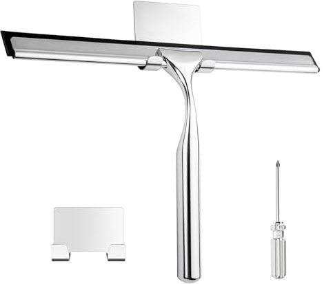 All-Purpose Shower Squeegee, 10-Inch Water-proof Stainless Steel Squeegee, with Adhesive Square hook, Suitable for Shower Glass Door, Bathroom, Window and Car Glass(Silver)