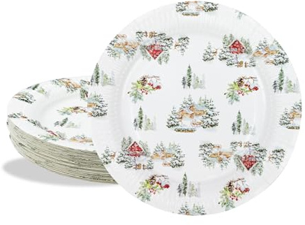 BFB Weihnachten Pappteller Set 50 Stück Weiß Winter Schneeraum 18cm Dessertteller Weihnachtsfeier Partyteller Tischdekoration, Geschirrdekoration