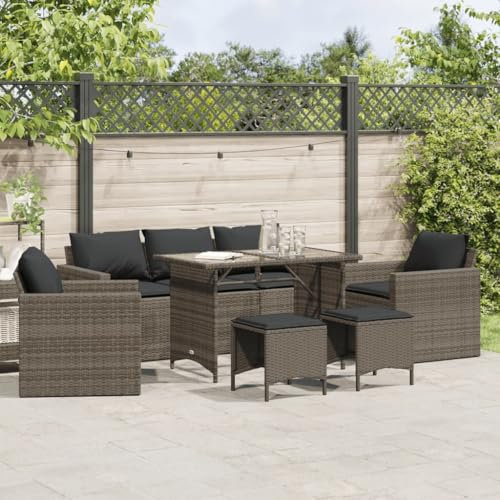 Homgoday 6-TLG. Gartenlounge Balkonmöbel Gartensofa Gartenmöbel Loungemöbel Loungesofa Sitzgruppe mit Tisch Sofagarnitur mit Kissen Ecksofa für Balkon Terrasse Grau Poly Rattan