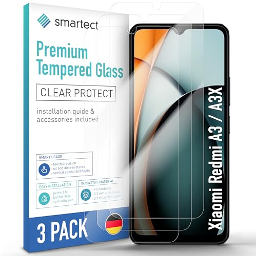 smartect Cristal Templado 3 Piezas para Xiaomi Redmi A3 / A3X | Protector Pantalla HD Antiarañazos, Vidrio Templado 0.3 mm Ultra Transparente, Dureza 9H, Resistente a Impactos, Sin Burbujas