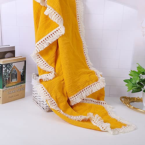 Anevous Baby Pucktuch mit Fransen, Mulltuch Puckdecke Musselin aus Baumwolle, Pucktücher Neugeborenen für Kinder, Kleinkinder, Unisex Junge oder Mädchen, Geschenk zur Geburt,Gelb 100cmx120cm