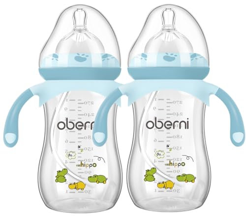 Oberni Weighted Baby Bottles with Size 4 Fast Flow Breast-Like Teat for 12 Months Plus / 1 Year Old Newborn Babies, 270ml/9oz, Non-Slip Handles, Anti-Colic, Blue/2 Pack