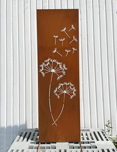 STEINFIGURENWELT GIEBEN Edelrost Sichtschutz Pusteblumen-Motiv 165 cm x 50 cm Paravent zum Stecken Schild Gartenschild Gartenstecker Edelrost Gartendeko Wetterfest Rost Metall Zaun