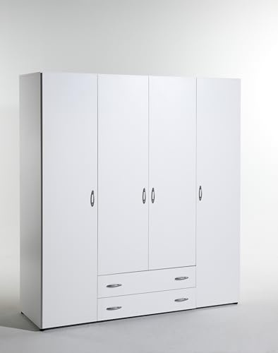 Armadio Guardaroba per Camera da Letto, 4 Ante, 2 Cassetti, Legno Bianco, 160 cm L x 52 cm P x 177 cm A