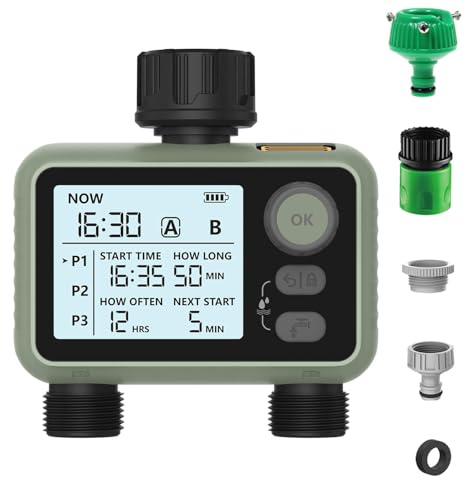 Digitaler Bewässerungstimer, programmierbarer Gartenwasser-Timer mit Regenverzögerung, IPX5 wasserdicht, automatischer und manueller Bewässerungsmodus, für Garten, Rasen, Terrasse, Bauernhof (2 Wege)