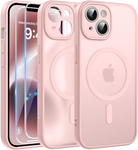 FLLAO Cover Magnetica per iPhone 14 Custodia e 2 Pellicole in Vetro Temperato, Cover iPhone 14 Compatibile con Magsafe, Traslucida Opaca Posteriore Sottile Antiurto Protettiva Case, Rosa