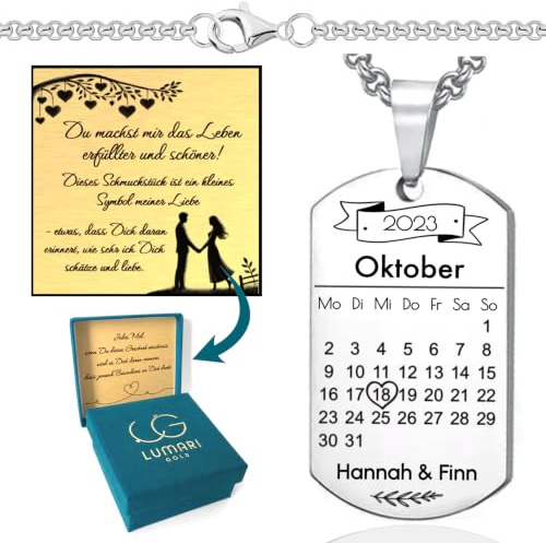 Lumari Gold Personalisierte Dog Tag, Gravur mit Jubiläumsdatum – Herren und Damen – Halsanhänger Halsketten mit Lasergravur, Edelstahl, 25x42 mm, 60 cm Geschenkidee Papa, Partner oder Freunde