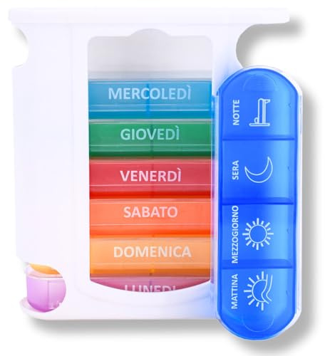 MEDIPILL Tower Dose Pillendose Wochendose Italienisch | Wöchentliche Organisation von Medikamenten | 7 Tage | 4 Einnahmezeiten pro Tag | 28 Fächer | BPA-frei | 1 Stück | Regenbogen