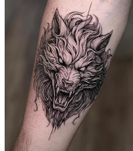 2Pcs Herbal Temporary Tattoos Stickers Fake Tattoos Wolf Head Dark European And American Style Juice Women And Men Semi-Permanent Non-Reflective Waterproof Lasting 2 Weeks